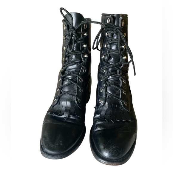 JUSTIN Kiltie Western Boots Lace Up Stetson Black Leather Size 7.5 B Vintage - Picture 6 of 14